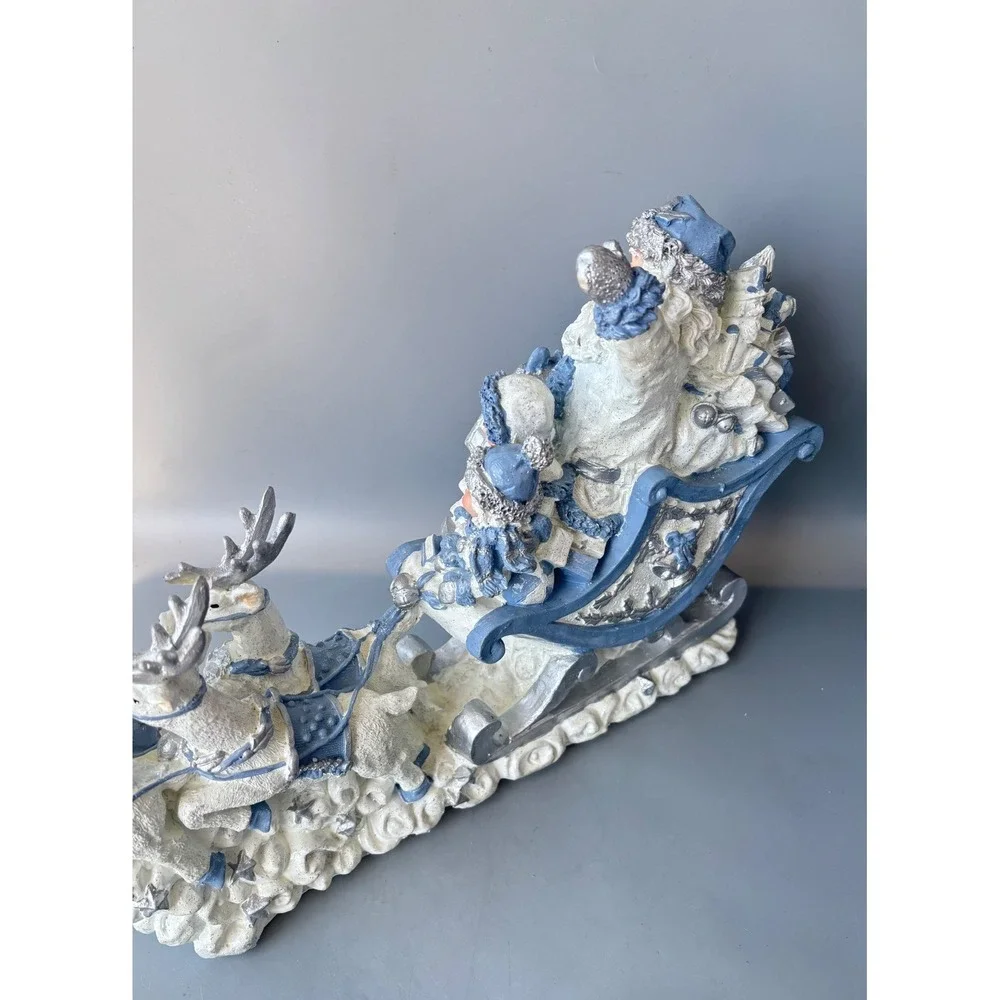 Santa Claus Sleigh and Reindeer Figurine Blue White Silver Christmas Centerpiece